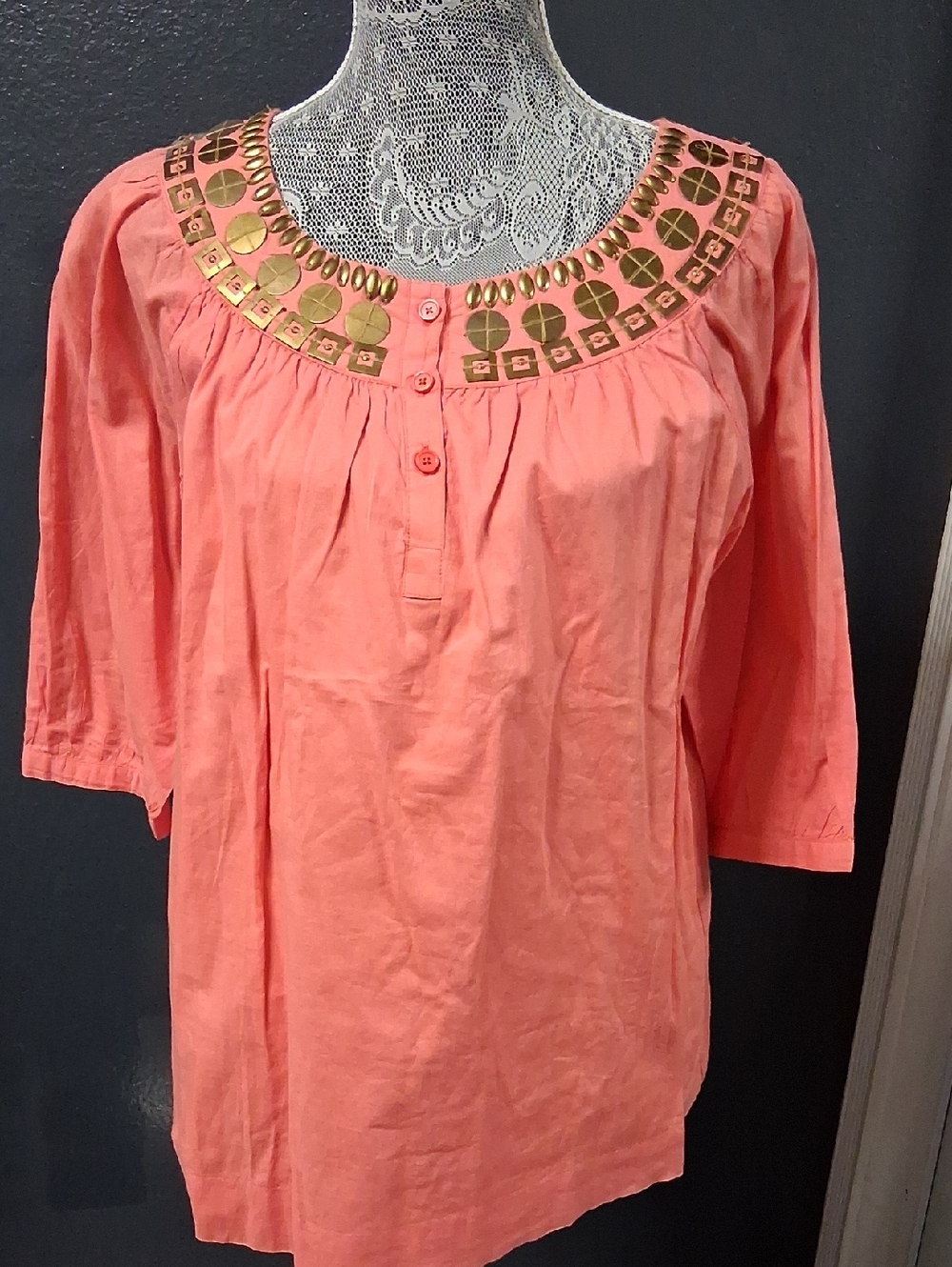 Michael Kors Coral Scoop Neck Tunic with Gold Embellished Yoke
